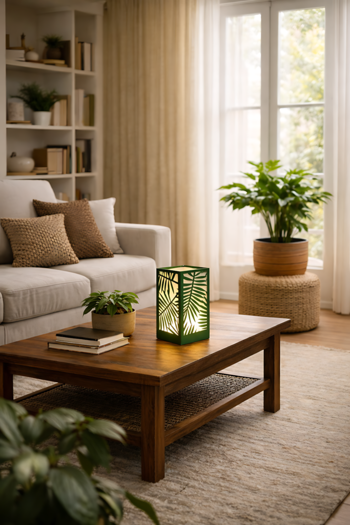 Decorative palm leaf paper lantern SVG glowing on coffee table spring home decor