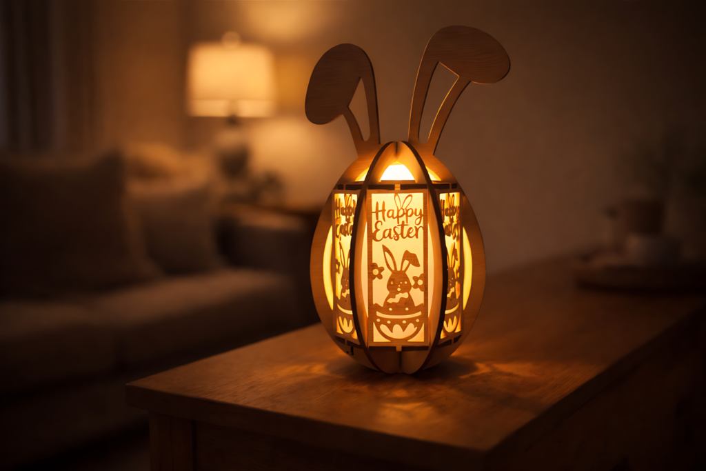 Easter bunny lantern SVG papercraft glowing on a wooden table with warm cozy evening lighting