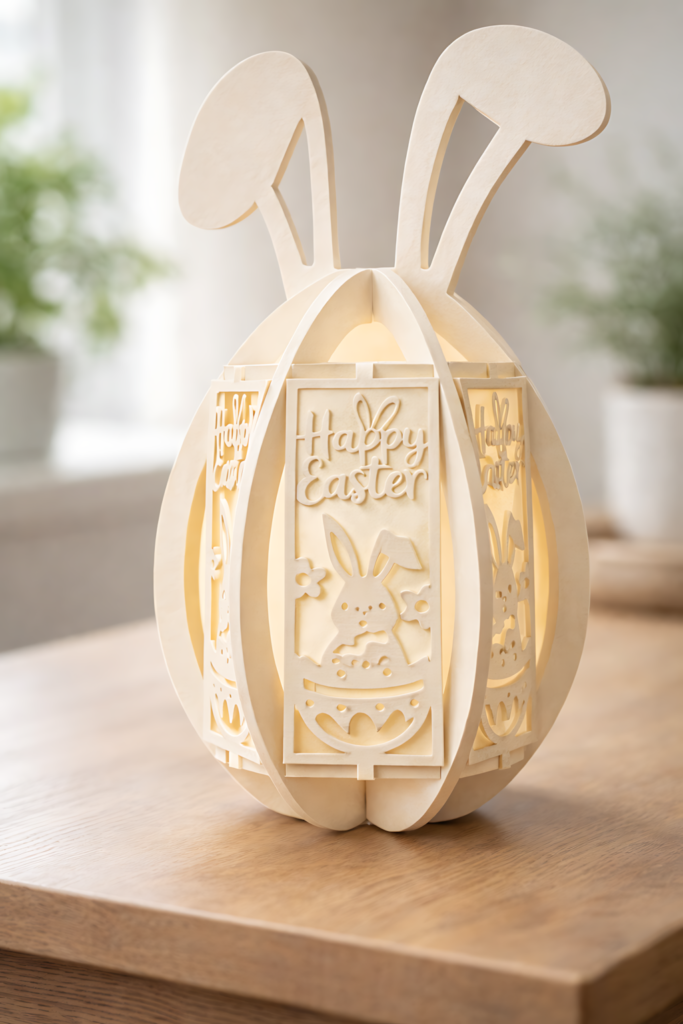 3D Easter bunny lantern SVG papercraft template made from white cardstock with layered cut design