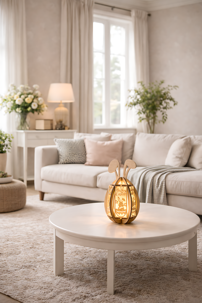 Easter bunny lantern SVG papercraft decoration placed on a living room coffee table