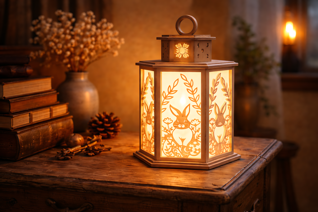 Easter floral bunny lantern SVG papercraft design glowing on a wooden table with books and warm cozy lighting
