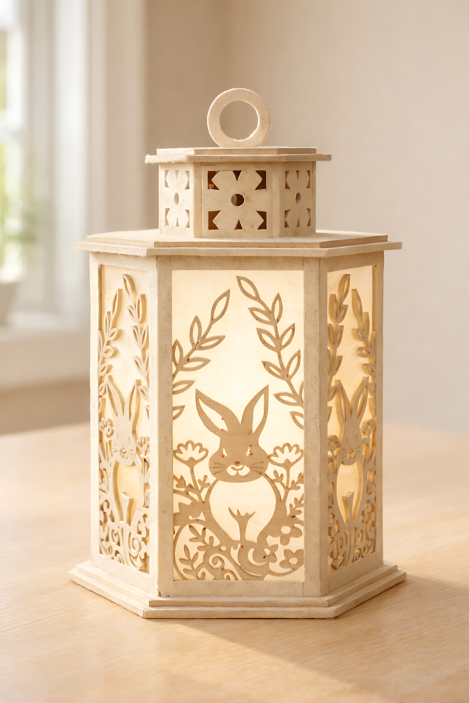 Floral bunny Easter lantern SVG papercraft template in light cardstock showing layered cut details