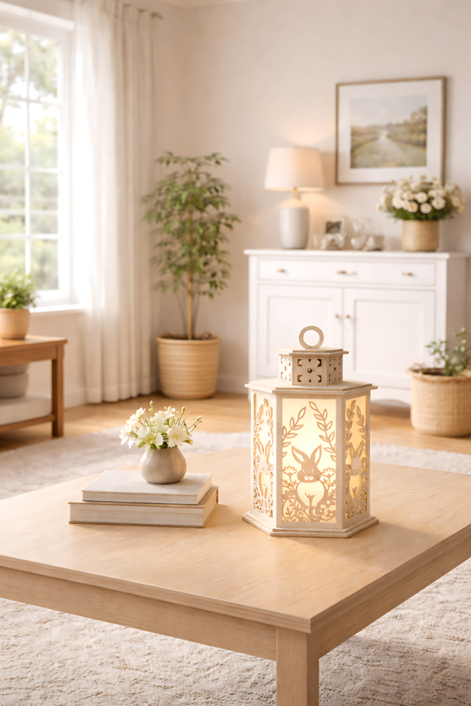 Easter floral bunny lantern SVG papercraft decoration placed on a living room table with soft natural light