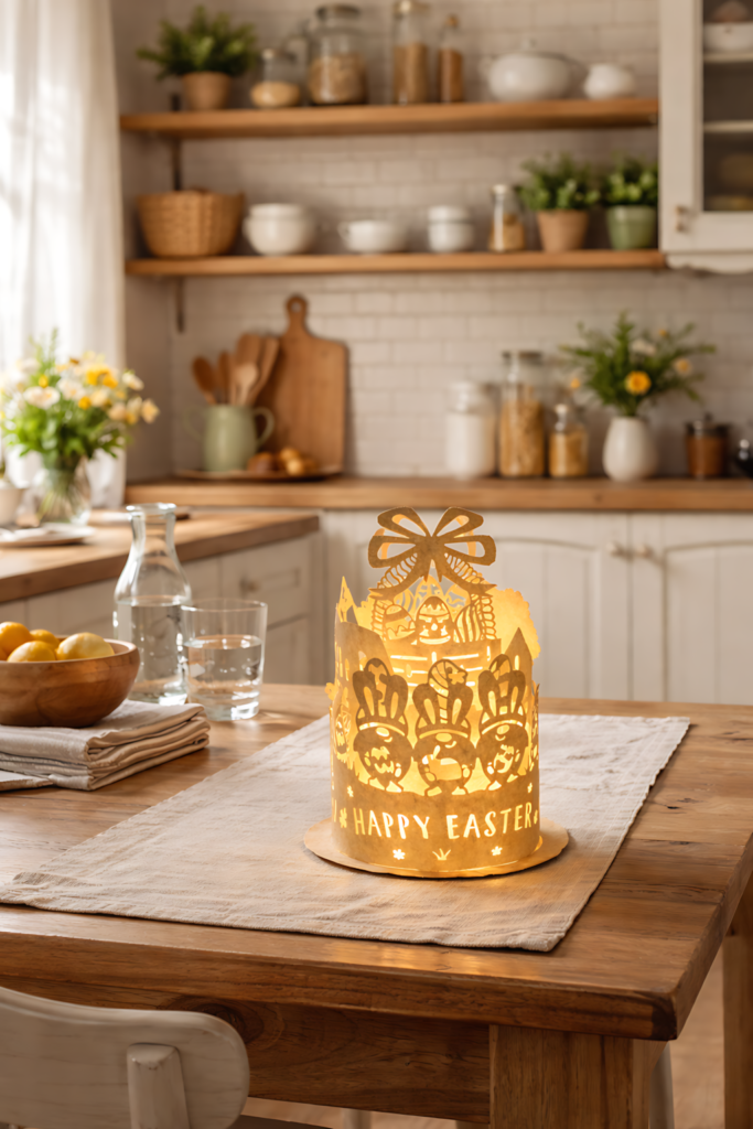 Decorative Easter bunny lantern SVG glowing lantern on kitchen table