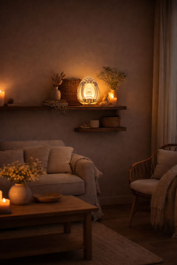 Easter lantern SVG papercraft decoration glowing on shelf in cozy spring home interior