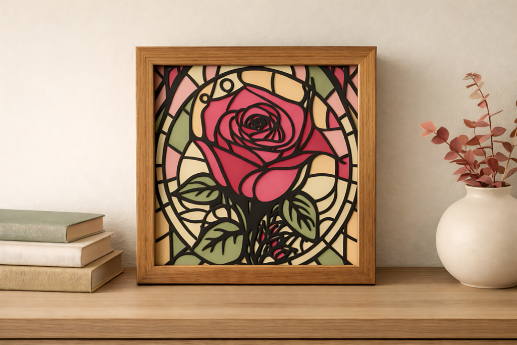 Classic rose stained glass shadow box