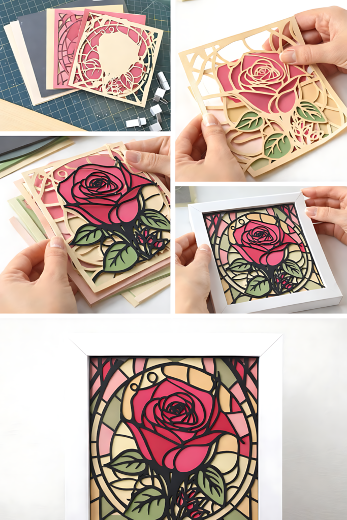 Classic rose stained glass process collage