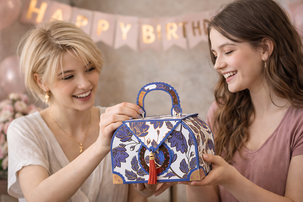 Two women holding a copper evening bag SVG paper gift box at a birthday party