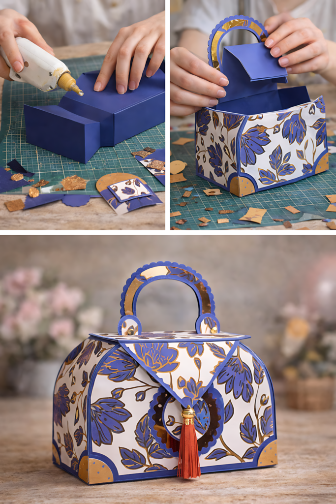 Step by step copper evening bag SVG paper gift box collage