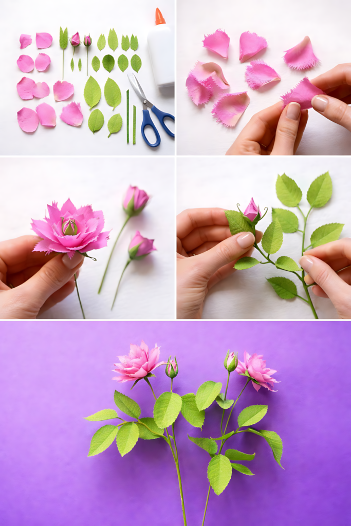 Stemmed paper rose assembly collage