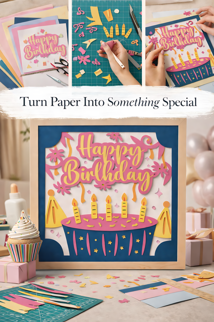 Birthday 3D shadow box SVG papercraft project with cut paper pieces, assembly steps, and a finished framed design.