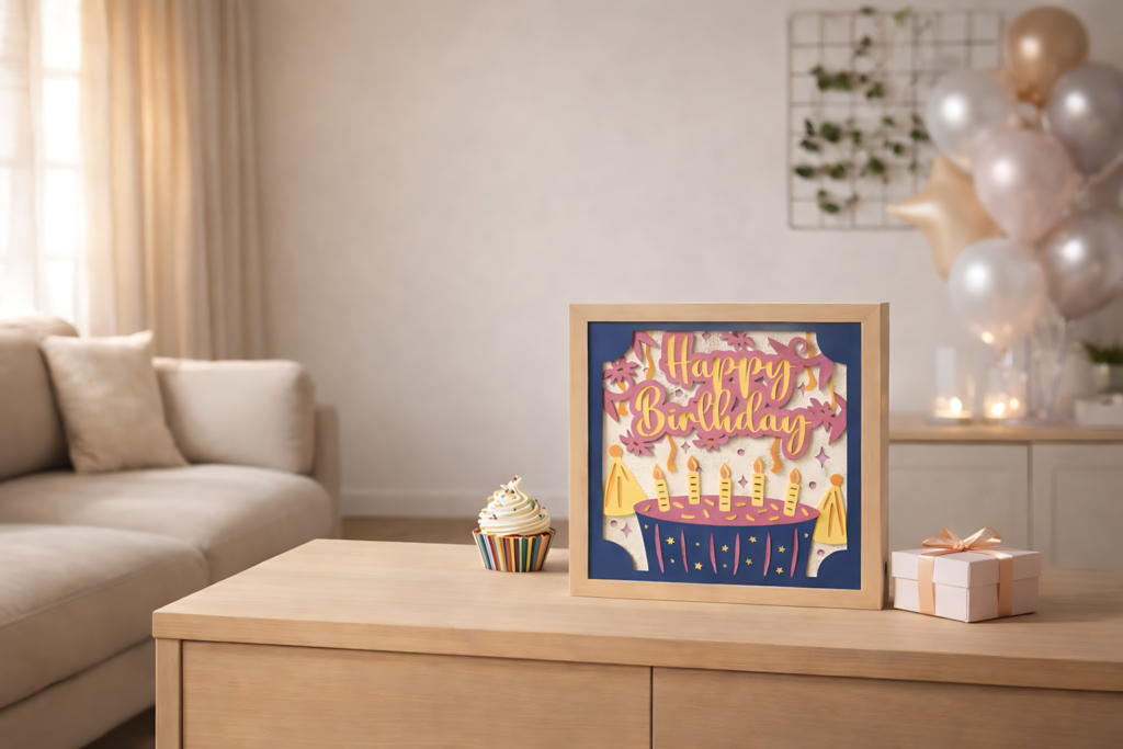 Framed birthday 3D shadow box SVG on a coffee table in a cozy living room with balloons and party decor.