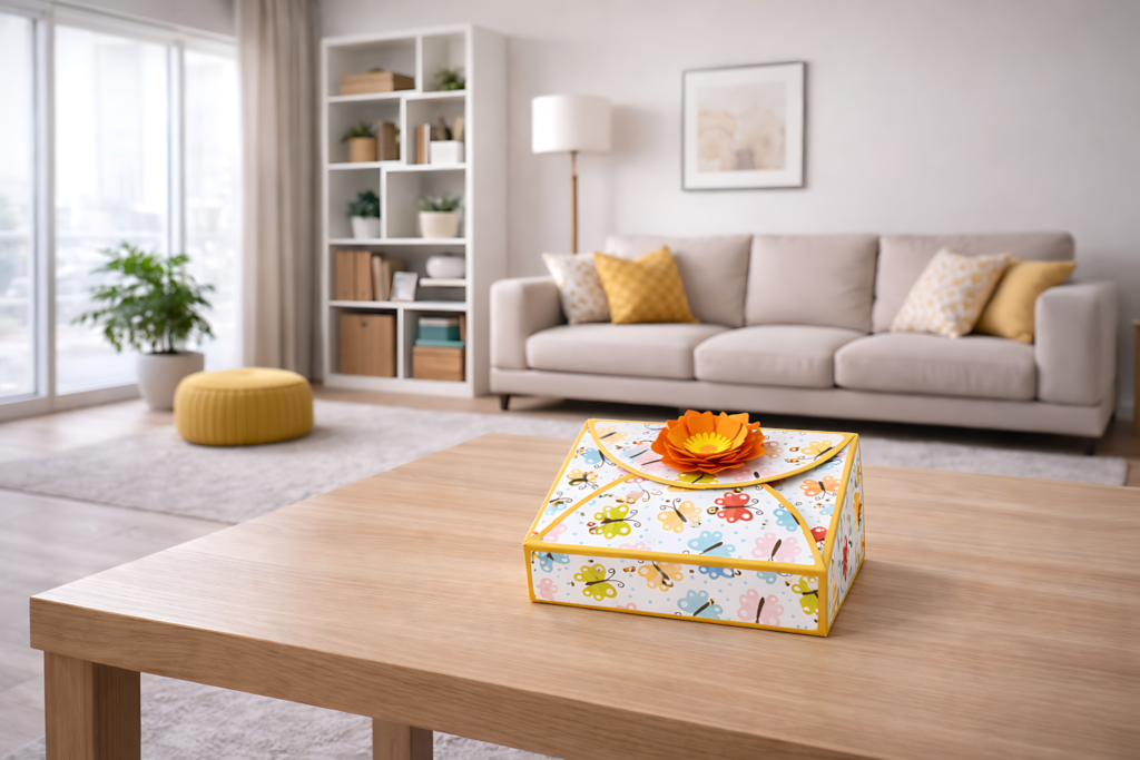 Envelope style gift box SVG displayed on a wooden table in a bright living room