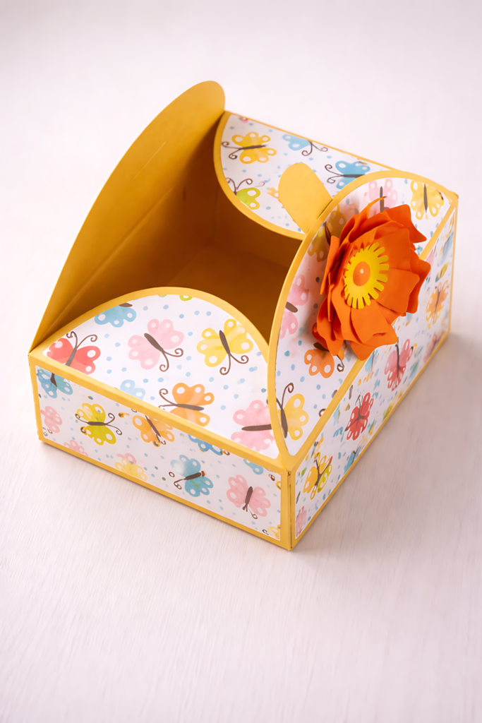 Envelope style gift box SVG with butterfly pattern and layered paper flower