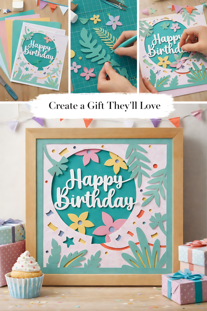 floral birthday balloon 3d shadow box with pastel paper craft process collage and finished framed design