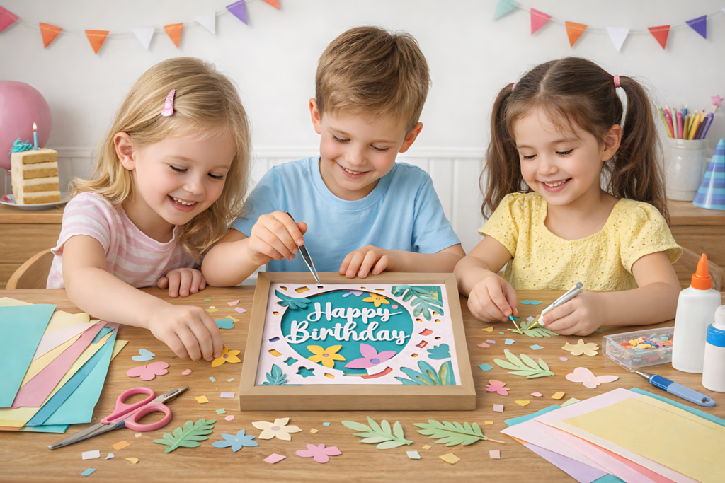 children making a floral birthday balloon 3d shadow box by hand at a craft table