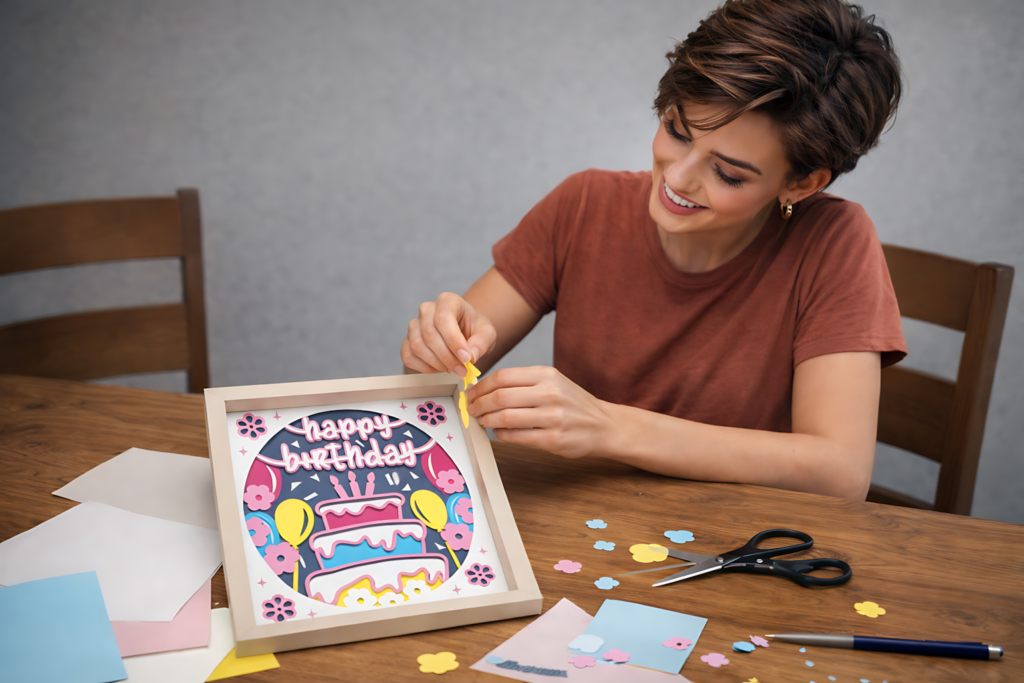 floral birthday box shadow box svg being assembled by hand on a craft table