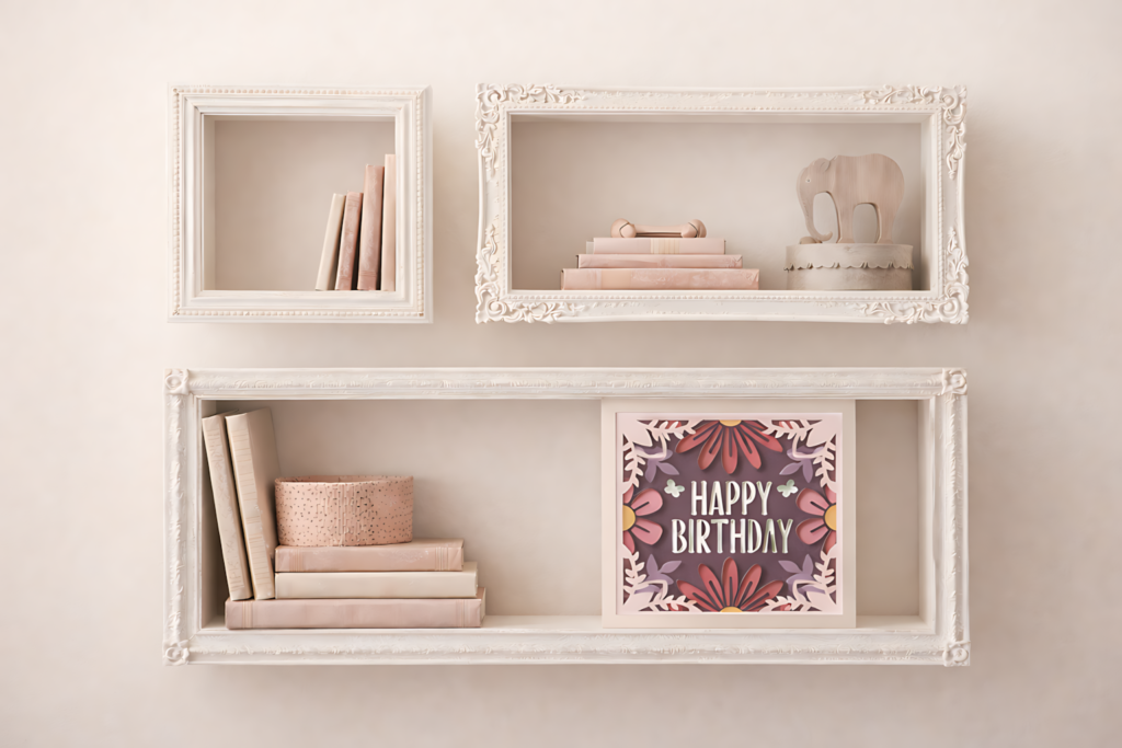 floral happy birthday shadow box on decorative wall shelves
