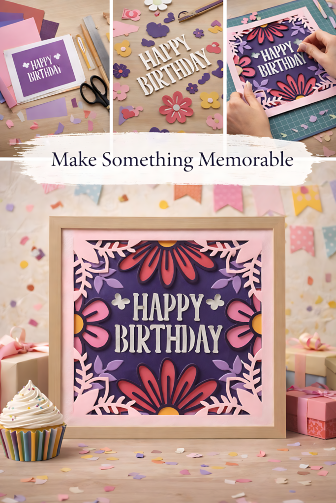 floral happy birthday shadow box with process collage and finished frame