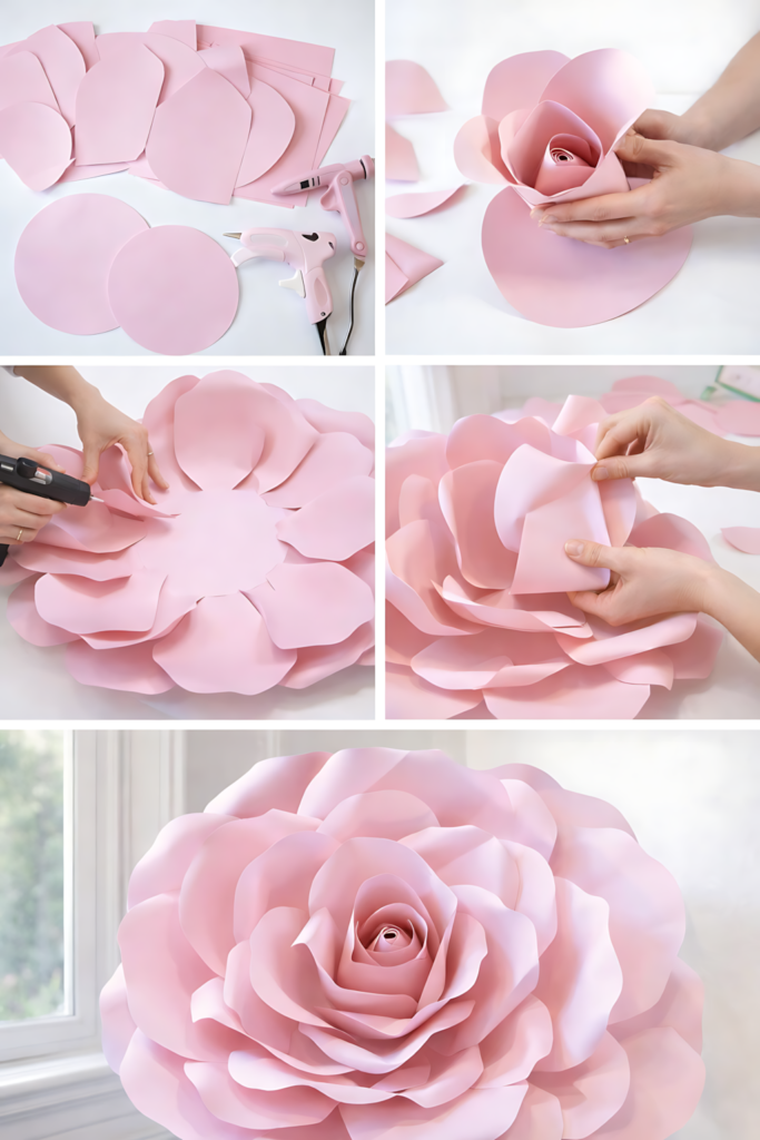 Giant paper rose SVG assembly collage with finished pink flower
