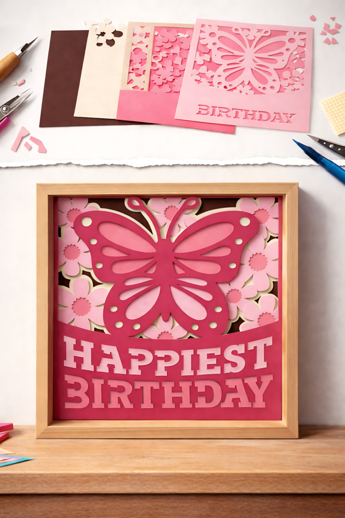 birthday shadow box svg with pink butterfly and layered paper design