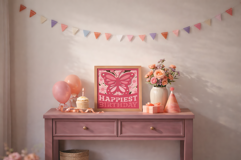 pink birthday shadow box with butterfly on a festive table