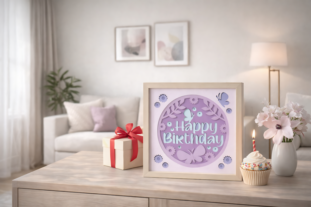 happy birthday butterfly 3d svg displayed as a soft handmade birthday keepsake in a home interior