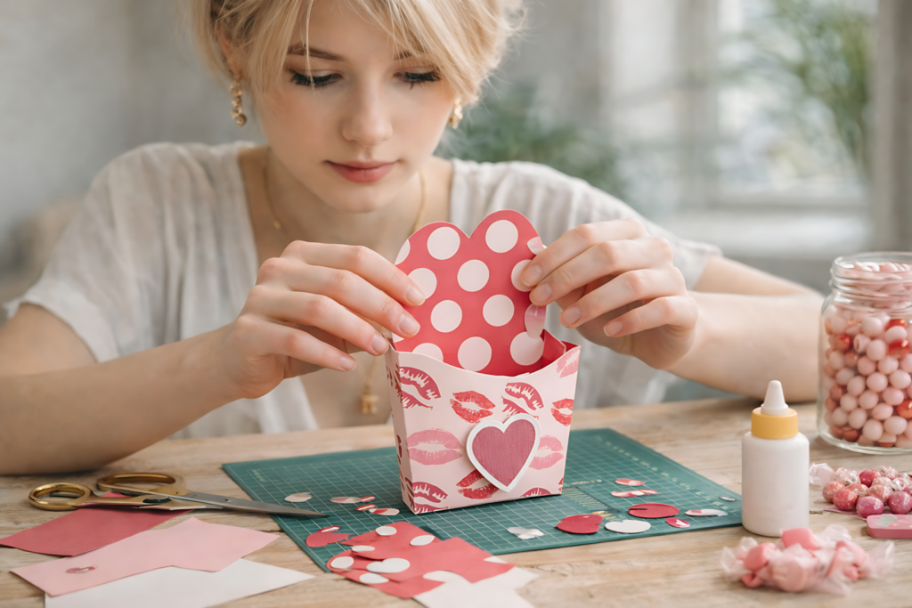 Woman assembling a heart treat box SVG at a craft table