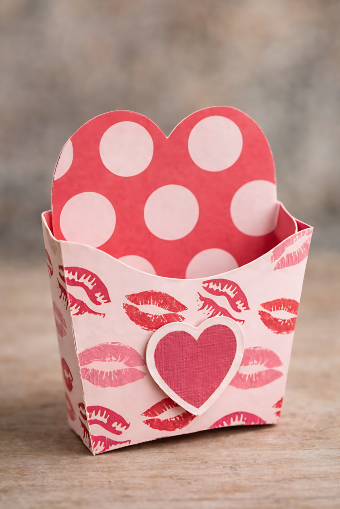 Heart treat box SVG with pink heart topper and lip print pattern