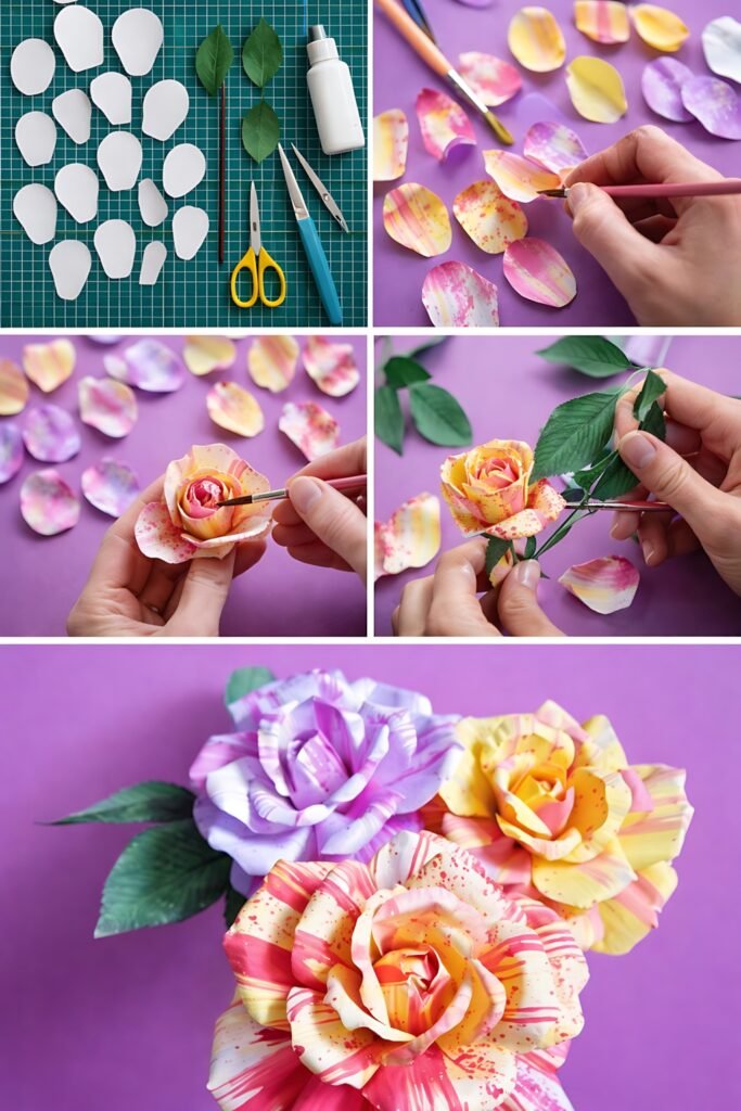 Step-by-step collage showing hybrid tea rose SVG assembly and finished paper flowers
