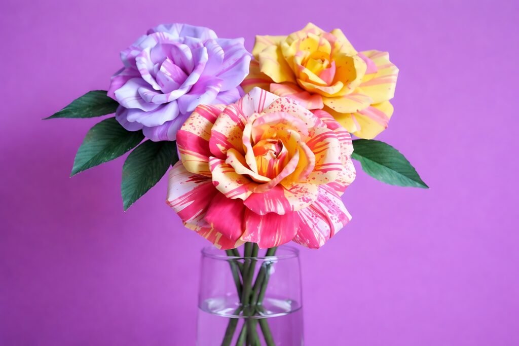 Hybrid tea rose SVG paper flowers in purple, yellow, and pink tones