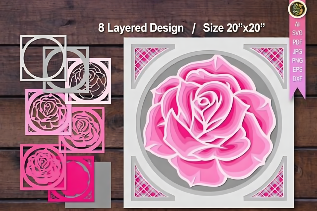 Large pink rose layered panel