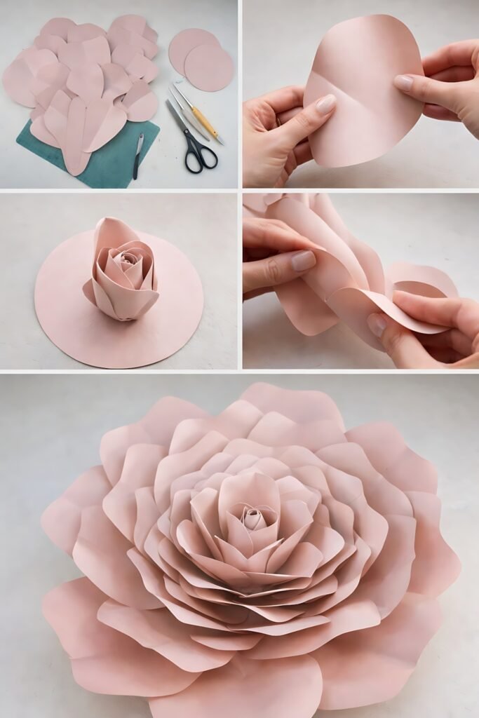 Step-by-step collage showing layered giant rose SVG assembly and finished flower