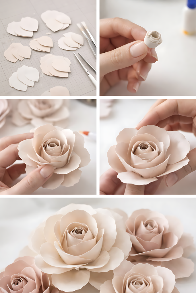 Step-by-step collage showing mini paper rose SVG assembly and finished flowers