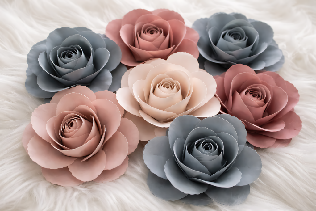 Mini paper rose SVG flowers in blush, cream, and blue tones
