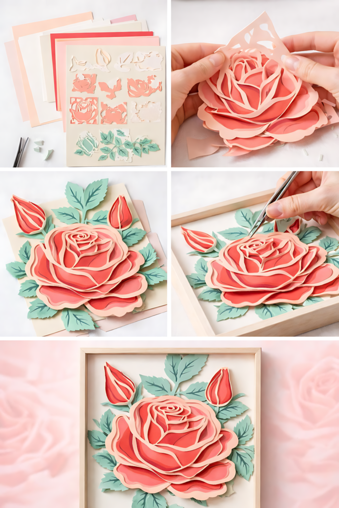 Peach layered paper rose cut process collage with finished framed design
