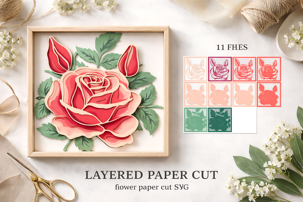 Framed layered peach rose paper cut with buds and leaves