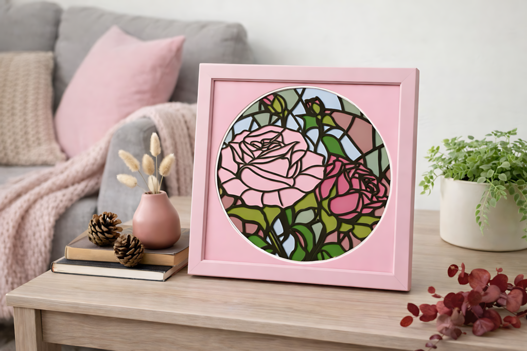 Pink rose stained glass shadow box