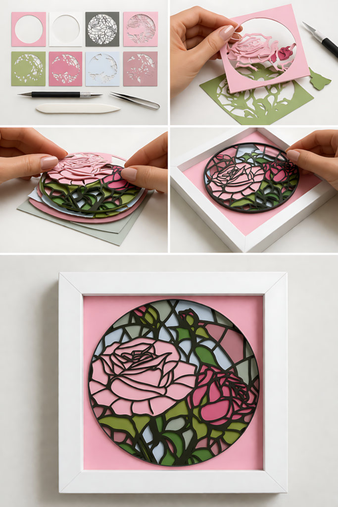 Pink rose stained glass process collage