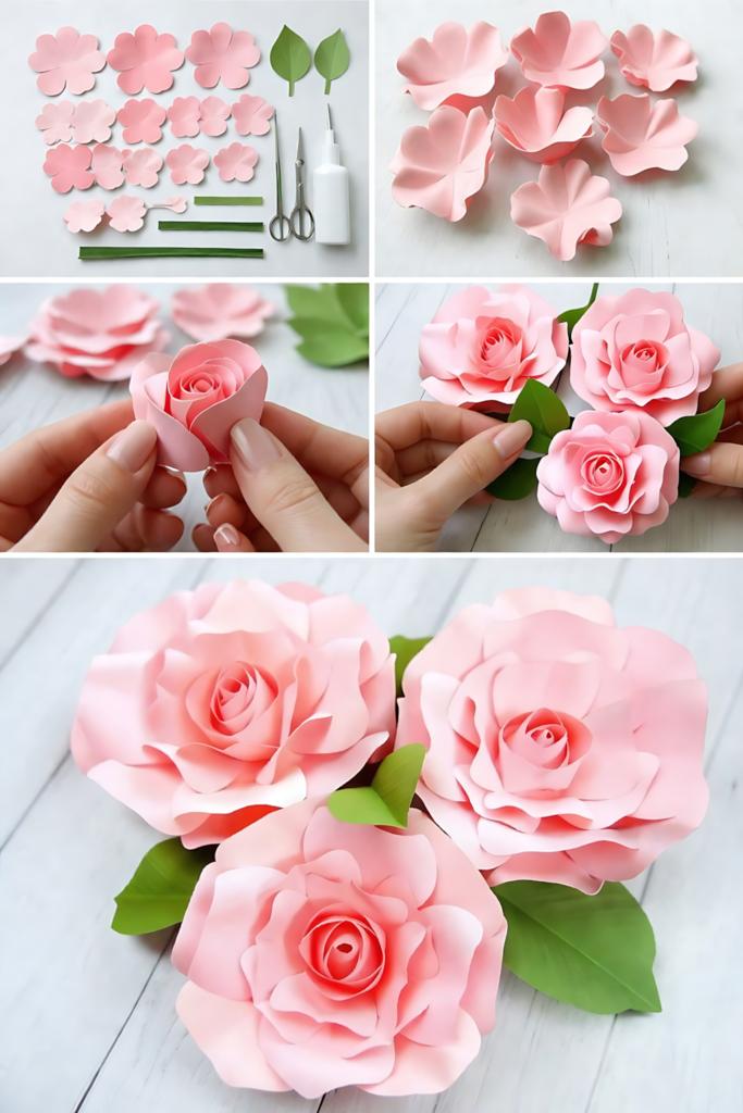 Pink paper rose assembly collage