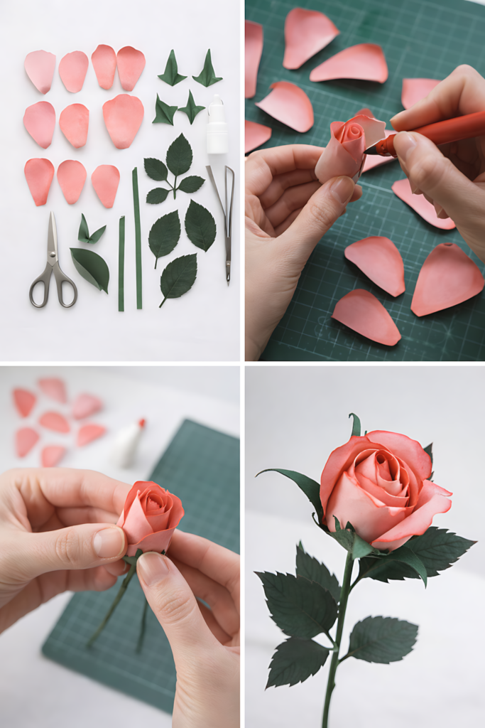 Step-by-step collage showing rose bud paper flower SVG assembly and finished flower