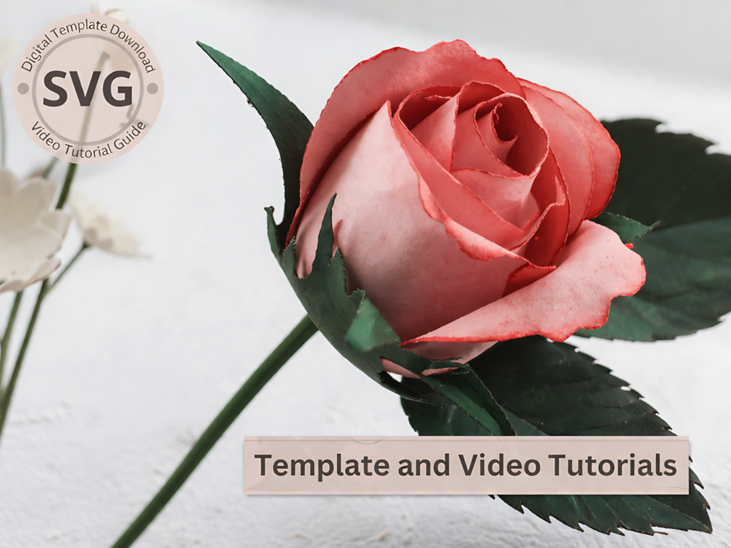 Rose bud paper flower SVG with pink petals and green leaves