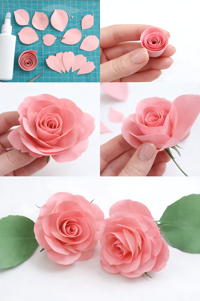 3D paper rose SVG assembly collage with finished pink flowers