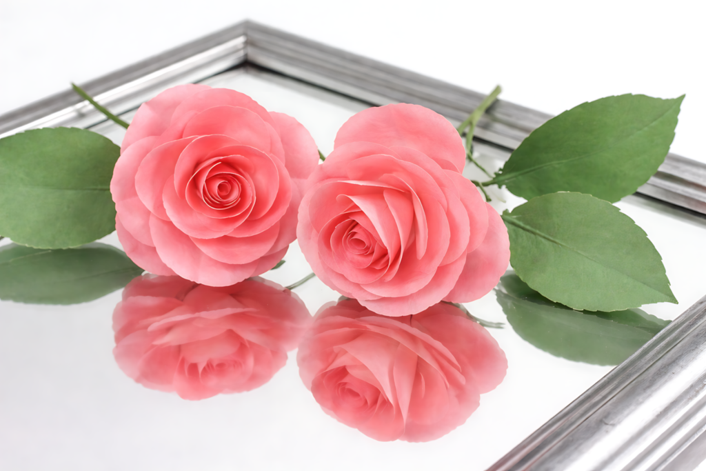 Pink 3D paper rose SVG flowers with green leaves