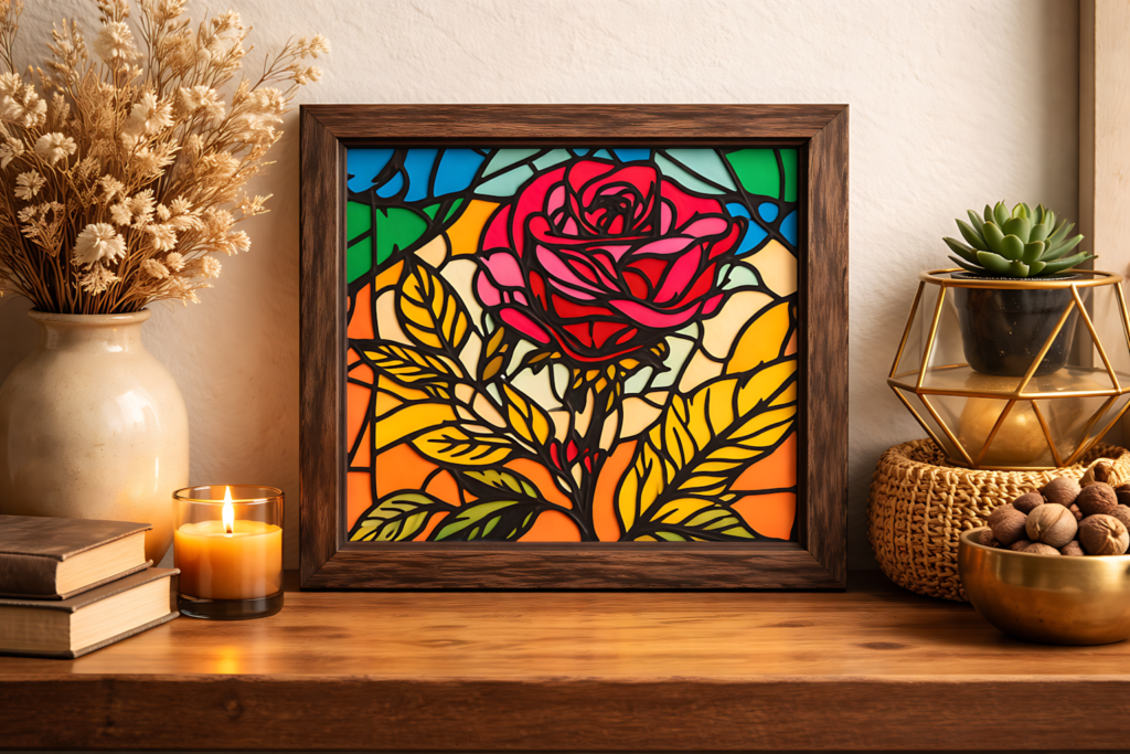 Rose stained glass shadow box