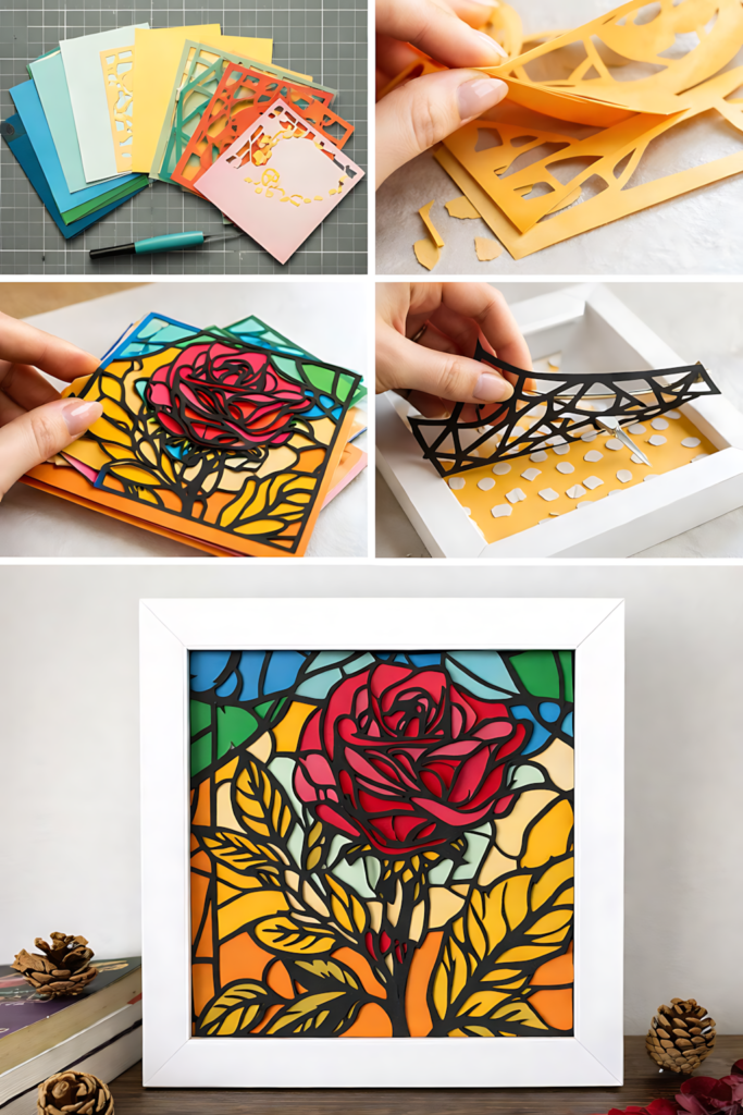 Rose stained glass process collage