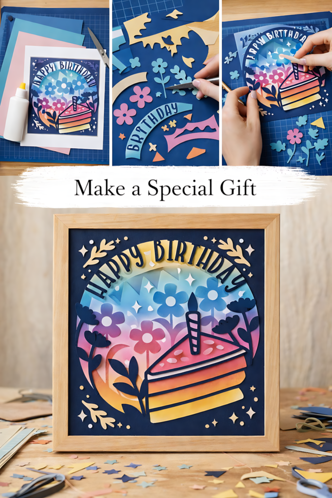 process collage showing how to make a slice of birthday cake shadow box svg by hand