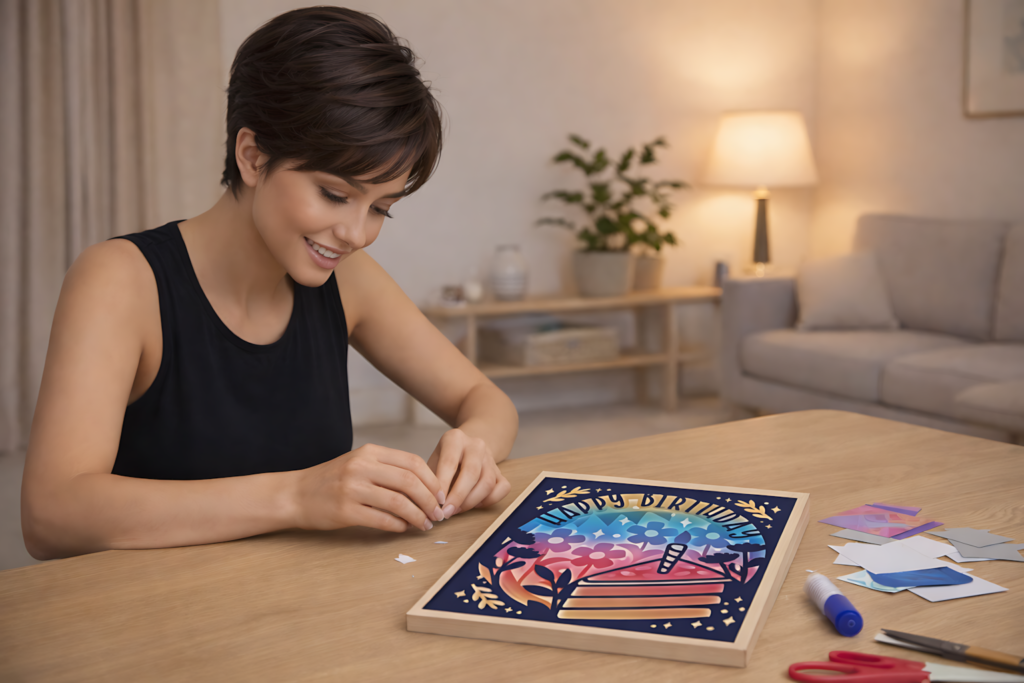 slice of birthday cake shadow box svg in a wooden frame on a styled craft table