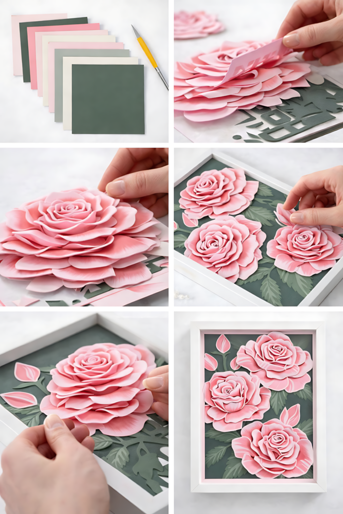 Triple pink rose panel process collage