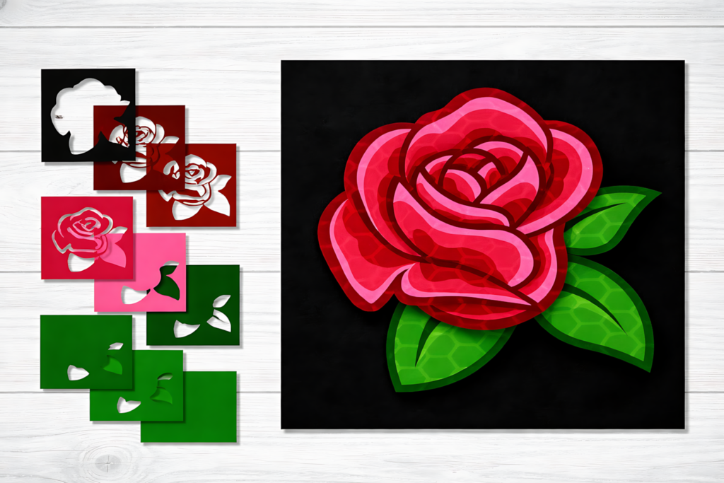 Valentine layered rose SVG design with red petals and green leaves beside paper cut layers